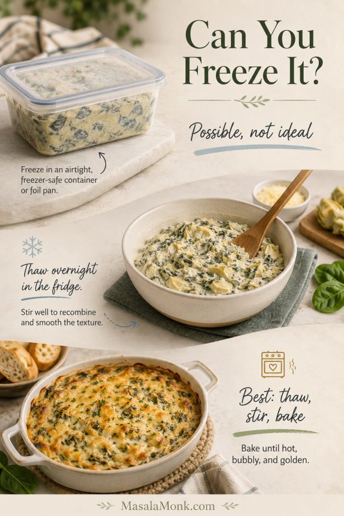 Freezing guide showing spinach artichoke dip in a freezer-safe container, thawed dip being stirred, and a small baked dish.