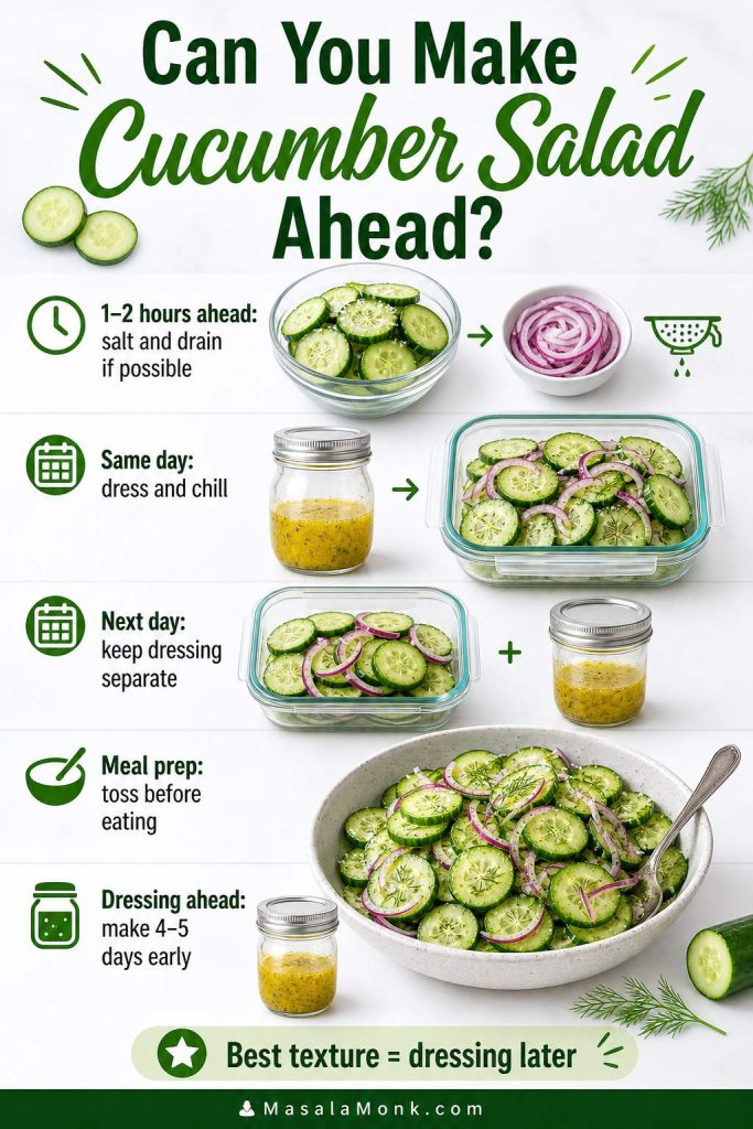 Make-ahead guide showing sliced cucumbers, red onion, dressing in jars, airtight containers, and final tossed cucumber salad.