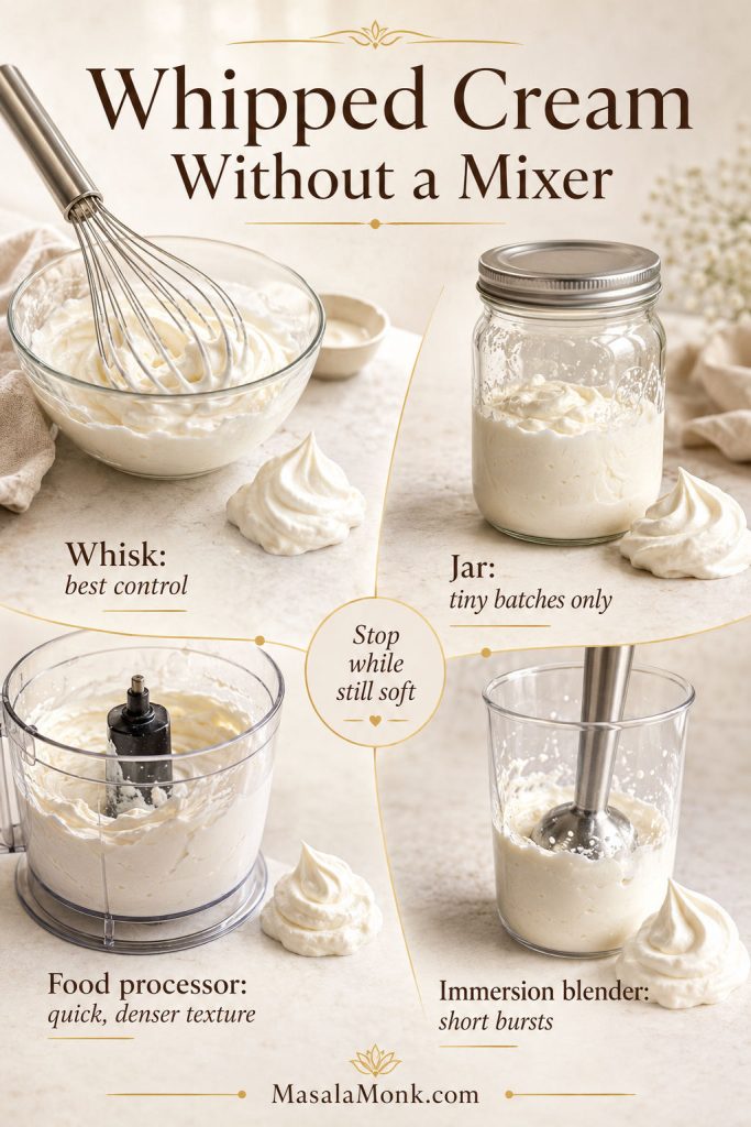 Whipped cream without a mixer guide showing a balloon whisk, jar method, food processor, and immersion blender.