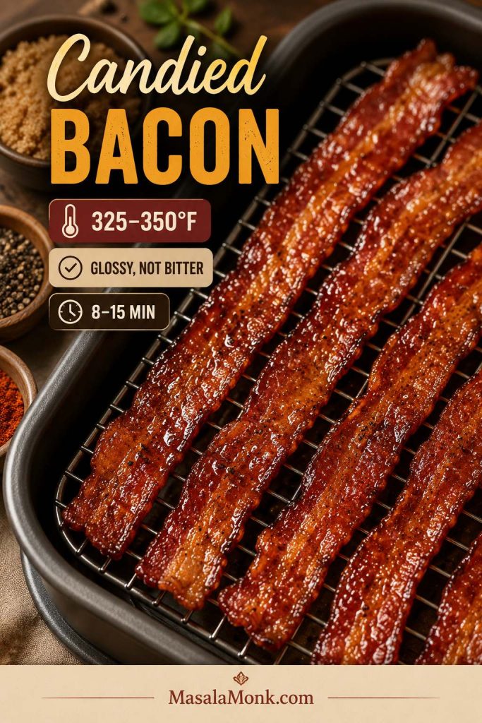 Glossy candied bacon on a rack with brown sugar, pepper, and a 325 to 350°F temperature cue.