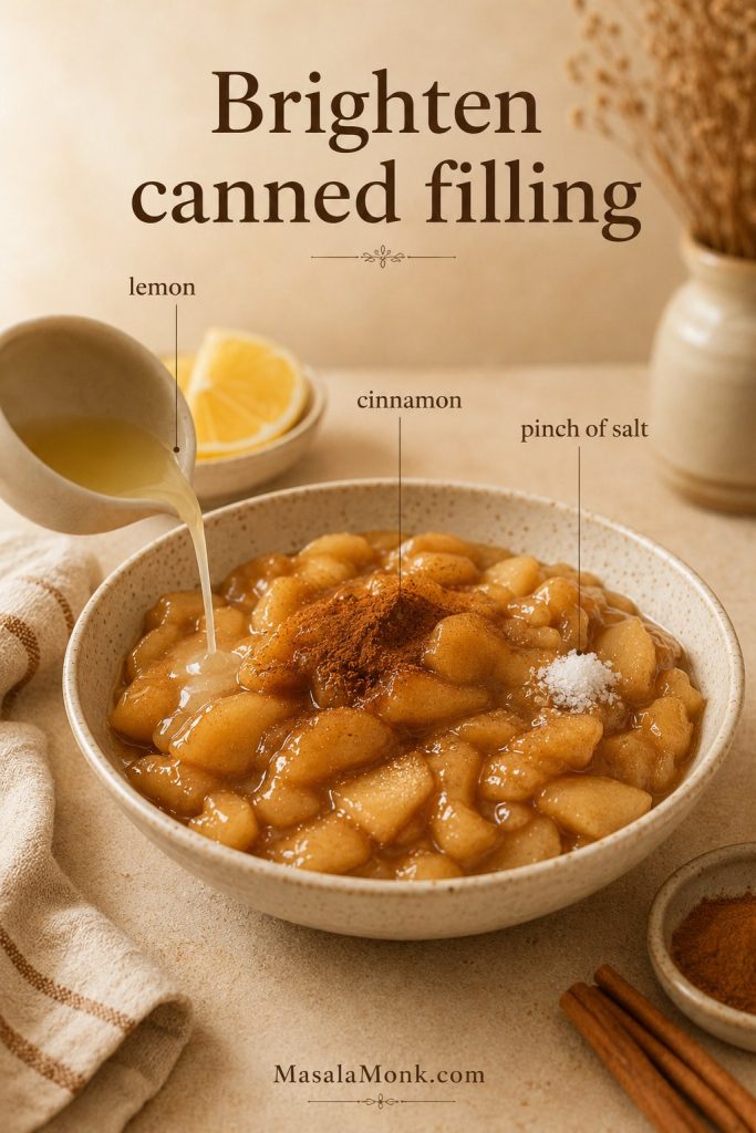 Canned apple pie filling in a bowl with lemon juice, cinnamon, and a pinch of salt added.