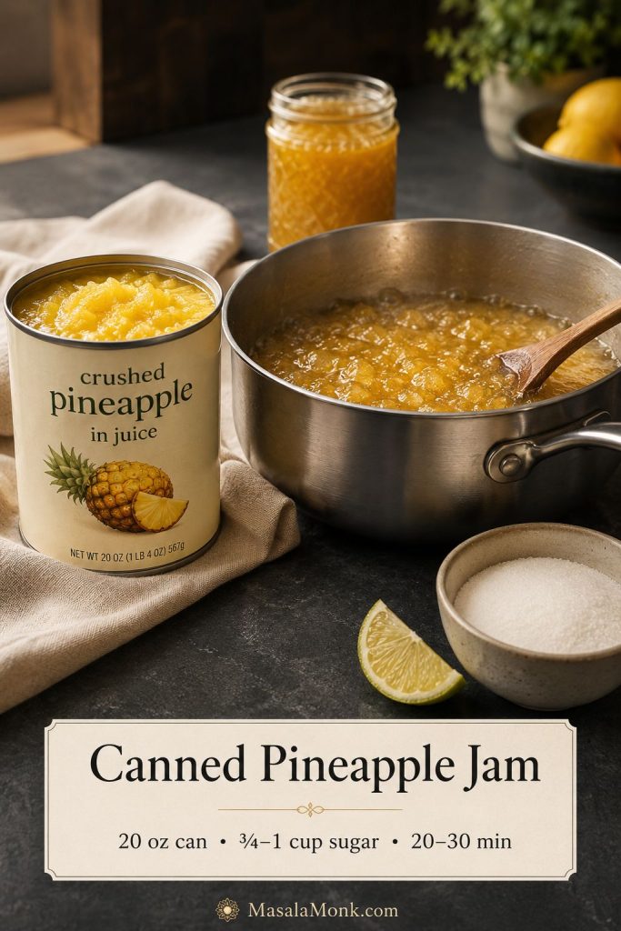 Small-batch canned pineapple jam setup with a 20-ounce can of crushed pineapple in juice, saucepan, sugar, citrus, and finished jar