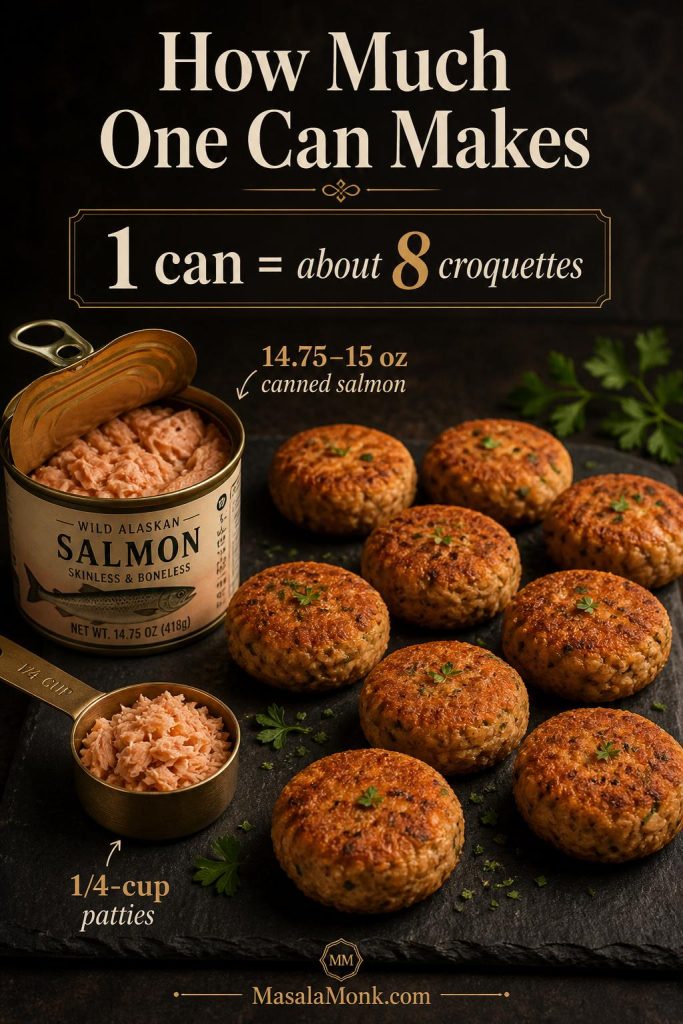 Open can of salmon with a quarter-cup scoop and about eight salmon croquettes on a dark surface