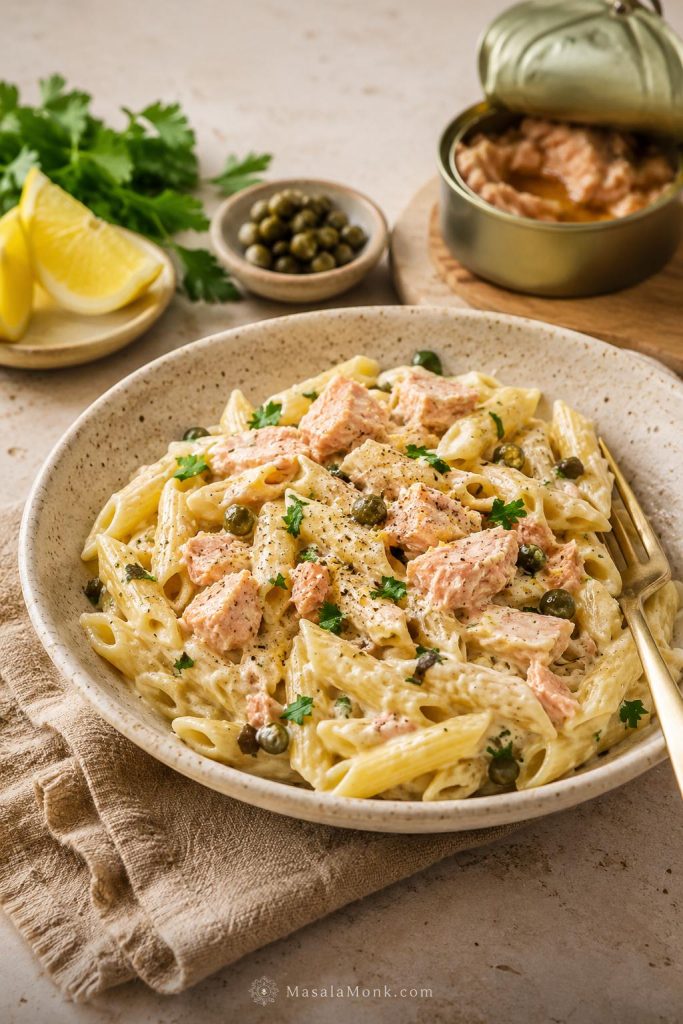 Canned salmon pasta with penne, creamy sauce, parsley, lemon, capers, and an open salmon can in the background