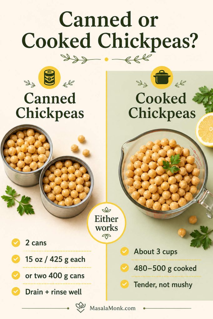 Comparison image showing canned chickpeas on one side and cooked chickpeas on the other for use in chickpea salad.
