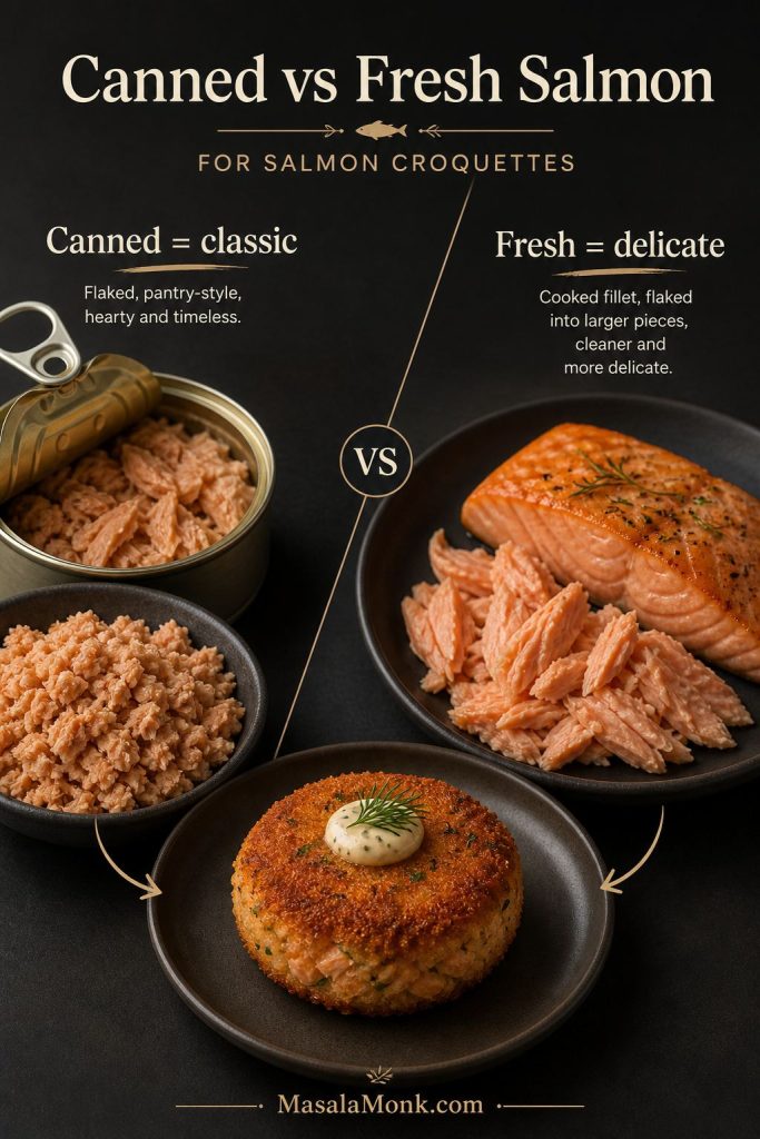 Canned salmon and cooked fresh salmon shown side by side for making salmon croquettes