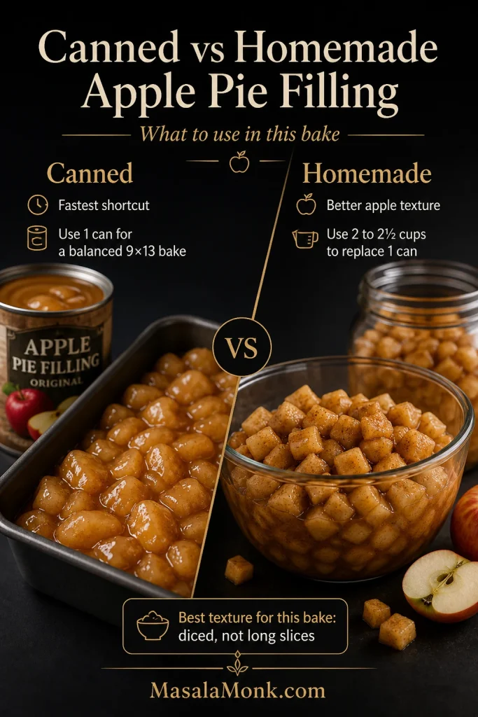 Canned and homemade apple pie filling comparison for apple cinnamon roll bake, showing canned filling and diced homemade filling in bowls.