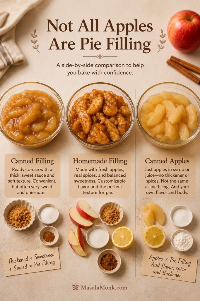 Comparison of canned apple pie filling, homemade apple pie filling, and canned apples for use in apple pie.