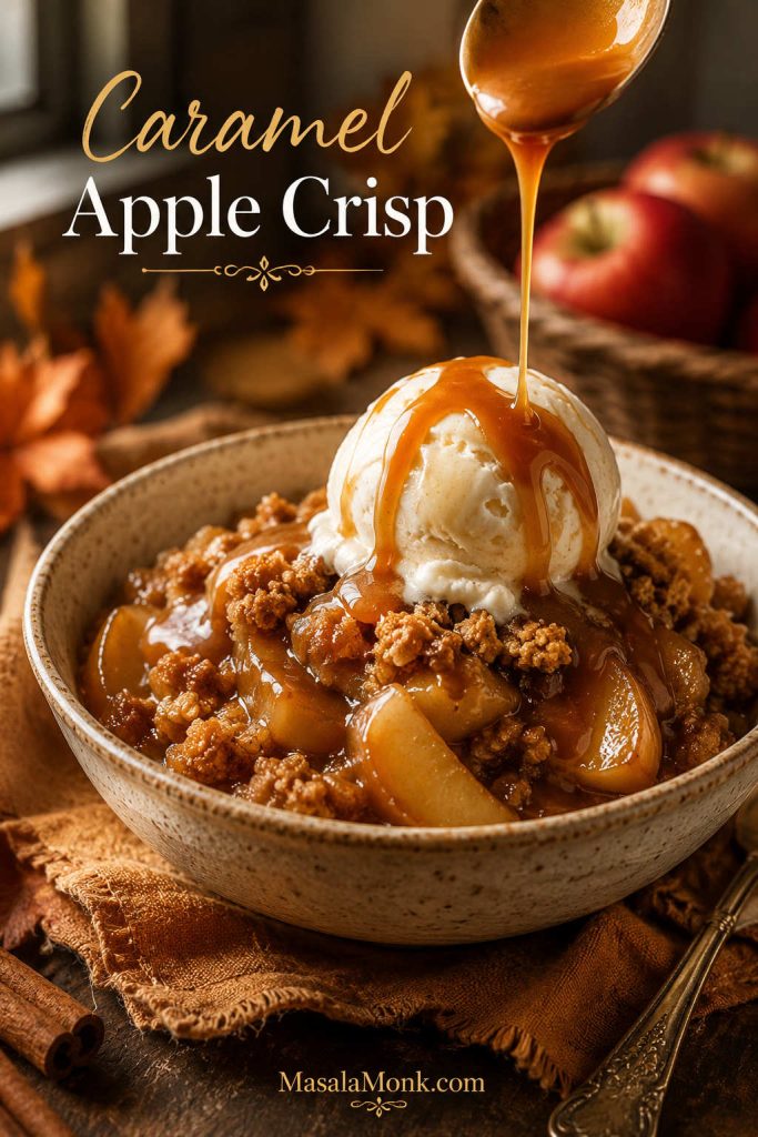Caramel apple crisp served with vanilla ice cream and caramel sauce drizzled over the top.