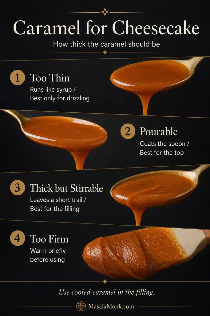 Caramel thickness guide showing too-thin caramel, pourable caramel, thick but stirrable caramel, and too-firm caramel for cheesecake.