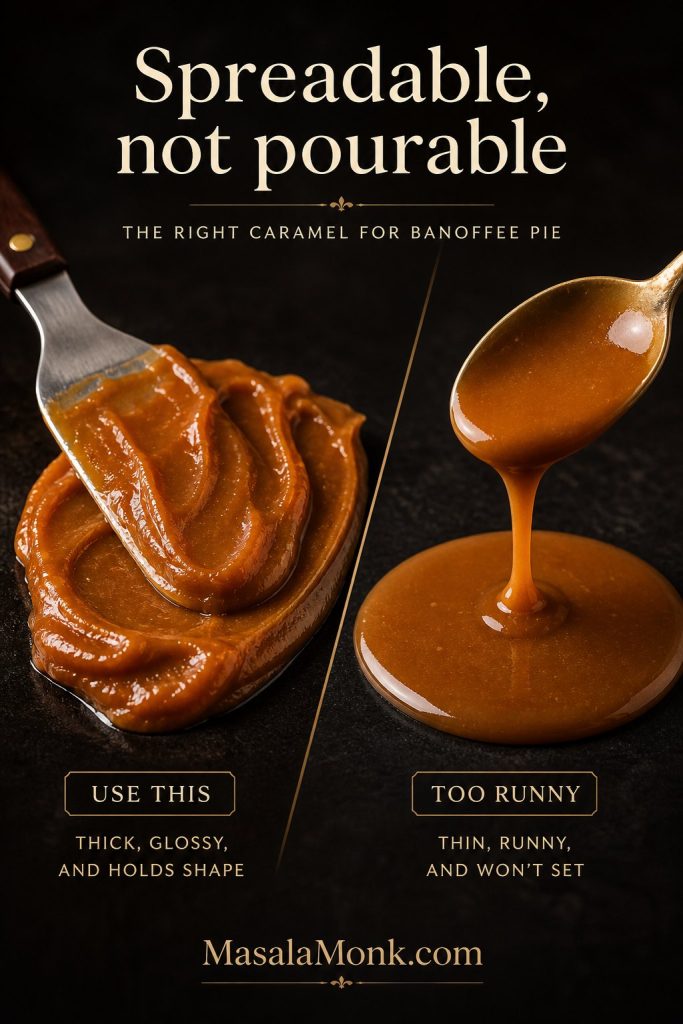 Thick spreadable caramel compared with thin runny caramel sauce for Banoffee Pie.