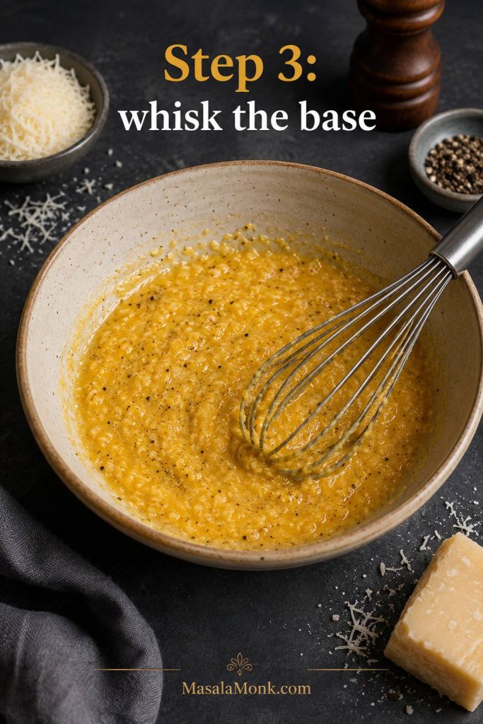 Thick egg, cheese, and black pepper mixture in a bowl with a whisk for carbonara sauce.