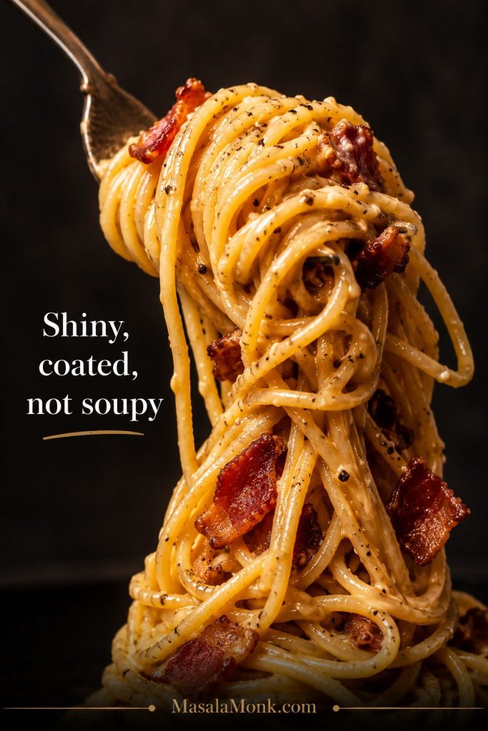 Fork lifting shiny spaghetti coated with carbonara sauce, bacon pieces, and black pepper.