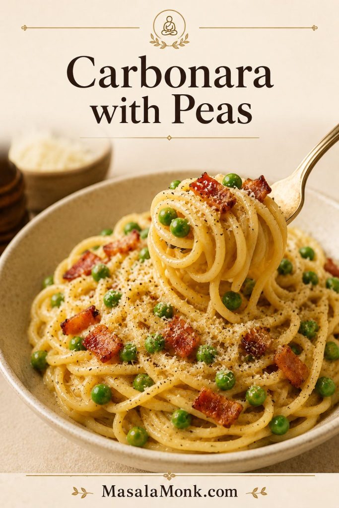 Bacon carbonara with green peas, crisp bacon, spaghetti, grated cheese, and black pepper.