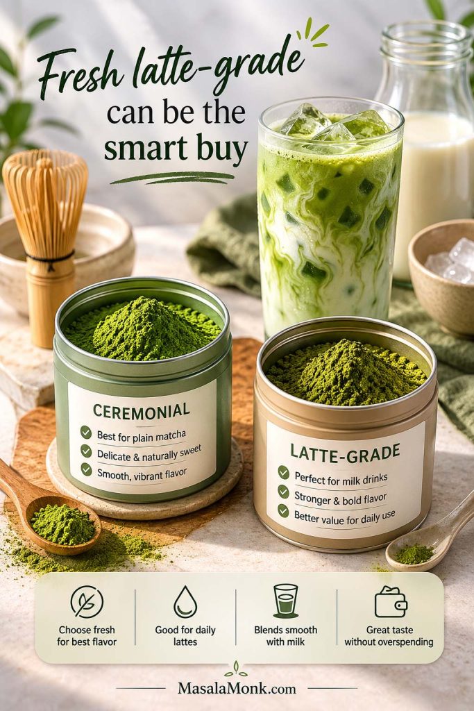 Ceremonial and latte-grade matcha containers compared beside an iced matcha latte