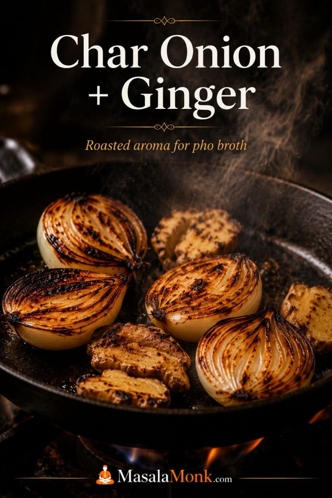 Onion halves and split ginger charred in a pan for pho broth.