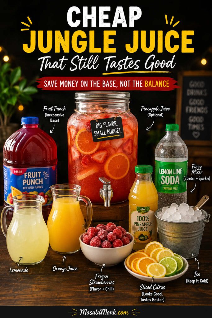 Budget-friendly jungle juice ingredients with fruit punch, lemonade, orange juice, pineapple juice, citrus, frozen strawberries, fizzy mixer, ice, and a punch dispenser.