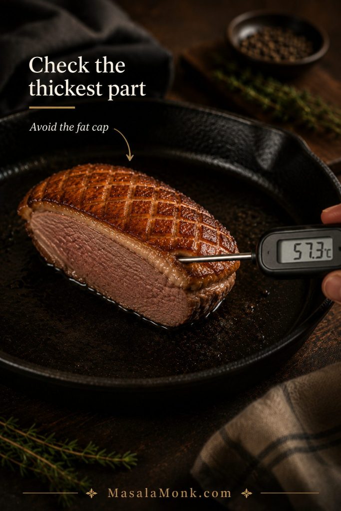 Instant-read thermometer inserted from the side into the thickest part of a cooked duck breast