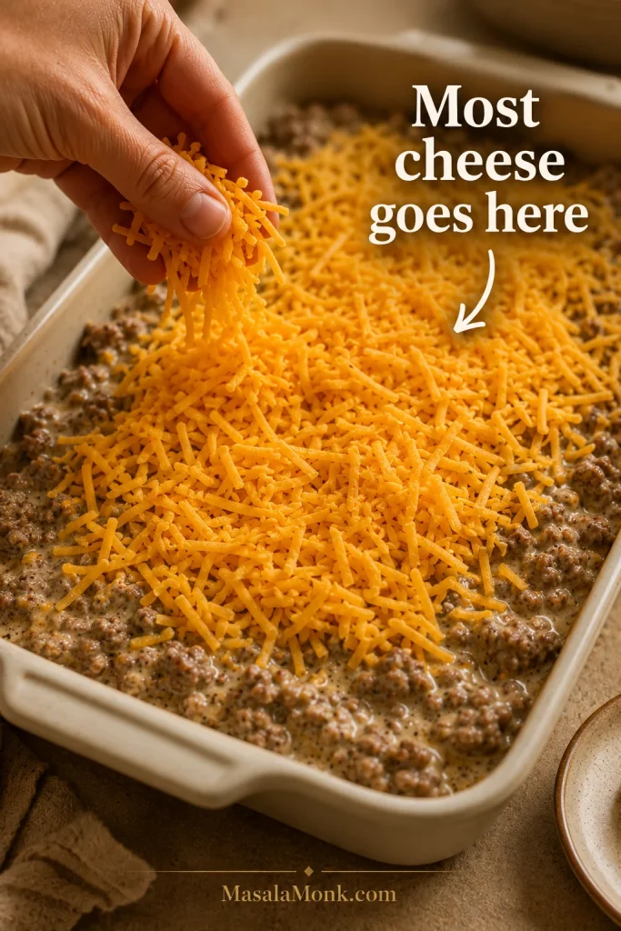 Shredded cheddar cheese being sprinkled over creamy beef filling before tater tots are added
