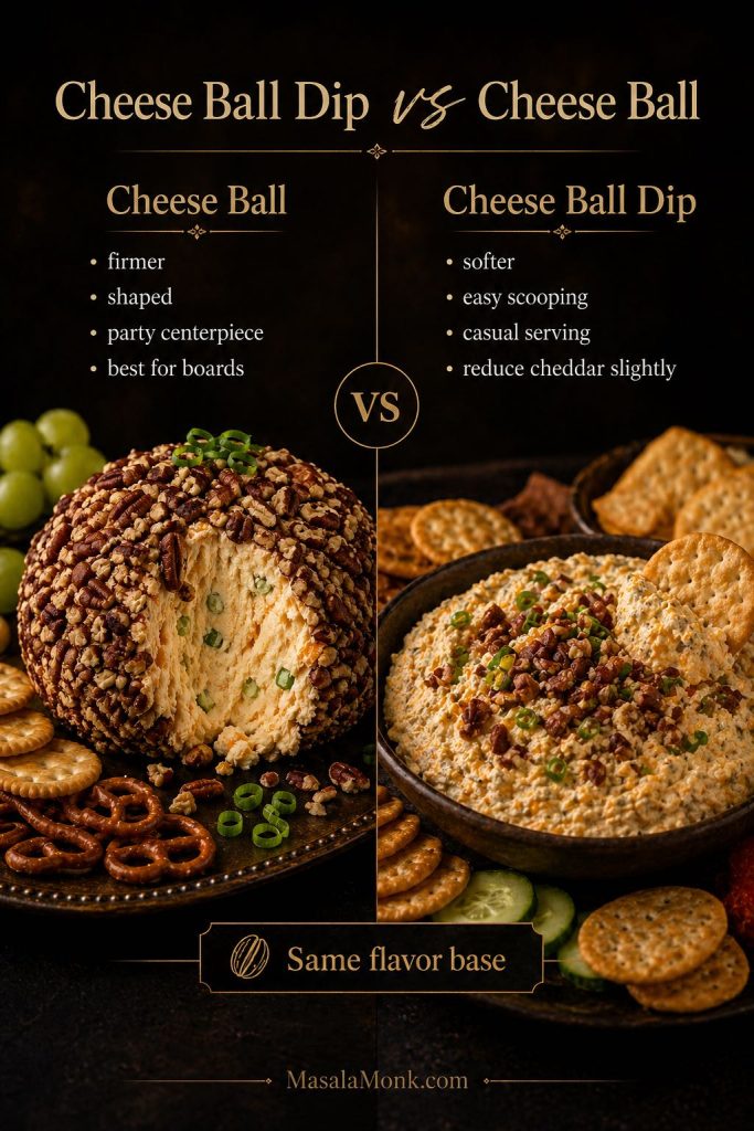 Side-by-side comparison showing a shaped cheese ball on a platter and a bowl of cheese ball dip, with notes that the cheese ball is firmer and better for boards while the dip is softer and easier to scoop.
