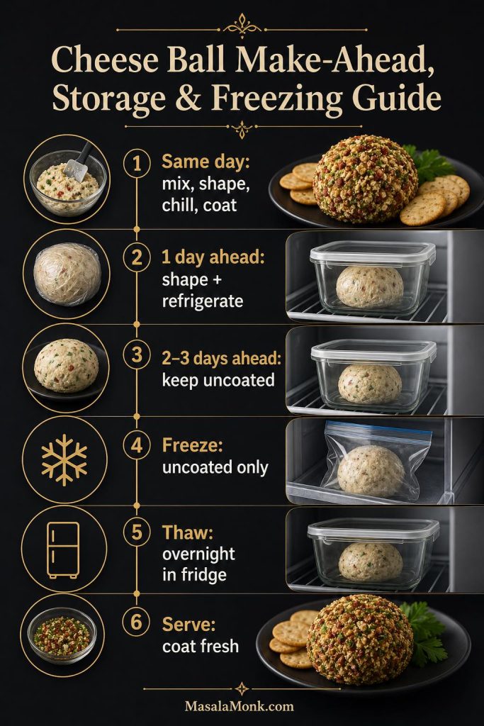 Make-ahead storage and freezing guide for a cheese ball showing steps for same-day prep, making it 1 day ahead, keeping it uncoated for 2 to 3 days, freezing it uncoated, thawing overnight in the fridge, and coating fresh before serving.