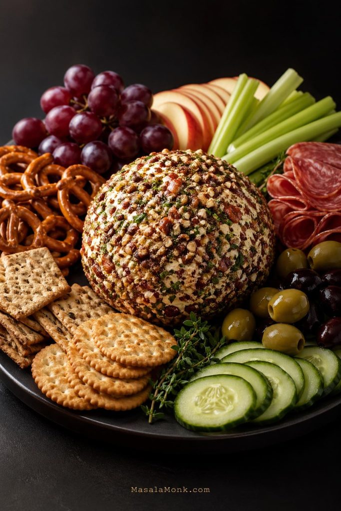 Close-up of a cheese ball party board with a nut-coated cheese ball surrounded by crackers, pretzels, grapes, apple slices, celery, cucumber slices, olives, and folded cured meat on a dark platter.