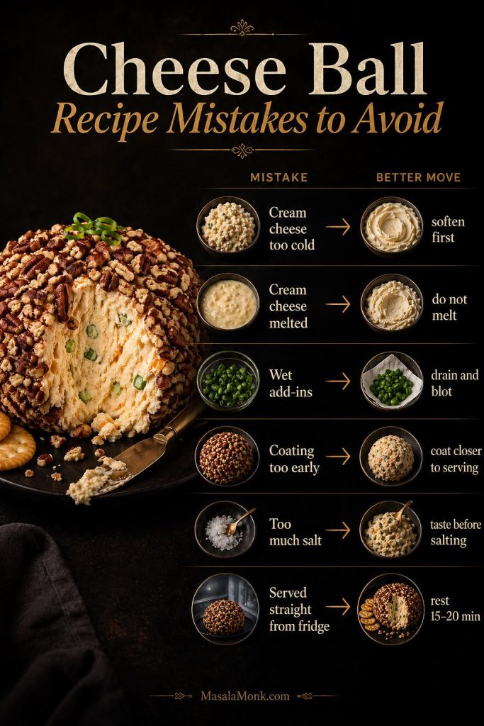 Mistake-and-fix guide for a cheese ball recipe showing six common problems: cream cheese too cold, cream cheese melted, wet add-ins, coating too early, too much salt, and serving straight from the fridge.