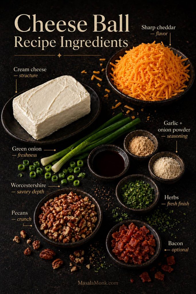 Ingredient guide for a cheese ball recipe showing cream cheese, shredded sharp cheddar, green onions, Worcestershire sauce, garlic powder, onion powder, black pepper, chopped pecans, herbs, and optional bacon arranged on a dark background.