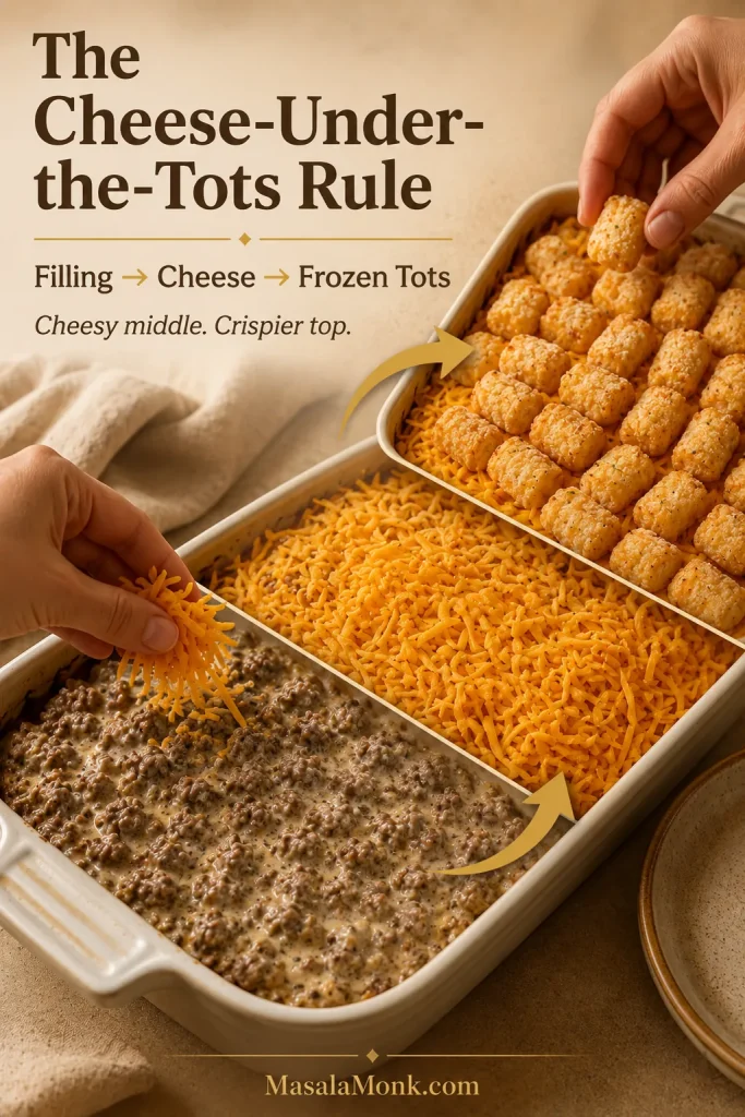Cheese-under-the-tots rule showing creamy beef filling, cheddar cheese under the tots, and frozen tater tots arranged on top