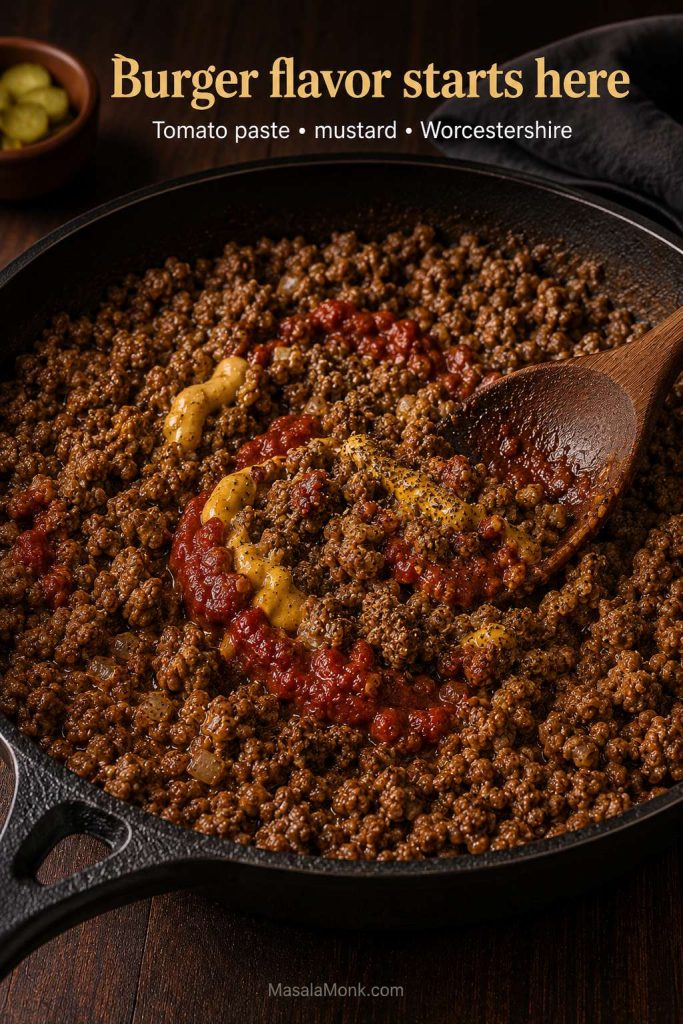 Tomato paste, mustard, Worcestershire sauce, ketchup, and seasonings being stirred into browned beef for cheeseburger macaroni.