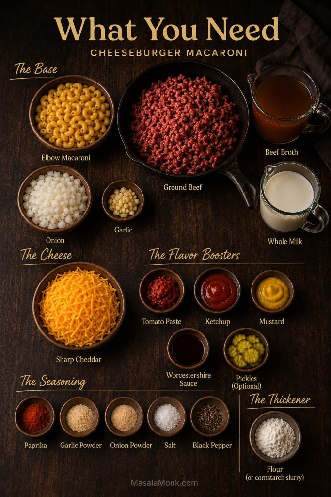 Ingredient guide for cheeseburger macaroni with ground beef, elbow macaroni, broth, milk, cheddar, tomato paste, mustard, Worcestershire, seasonings, and thickener.