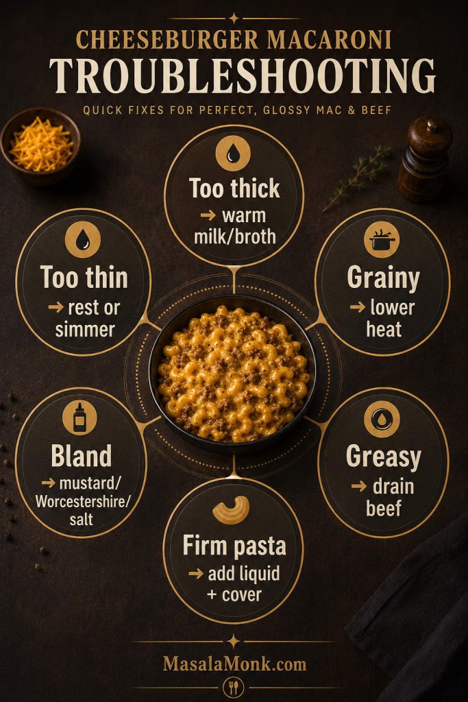 Troubleshooting guide for cheeseburger macaroni with fixes for sauce that is too thick, too thin, grainy, bland, greasy, or undercooked.