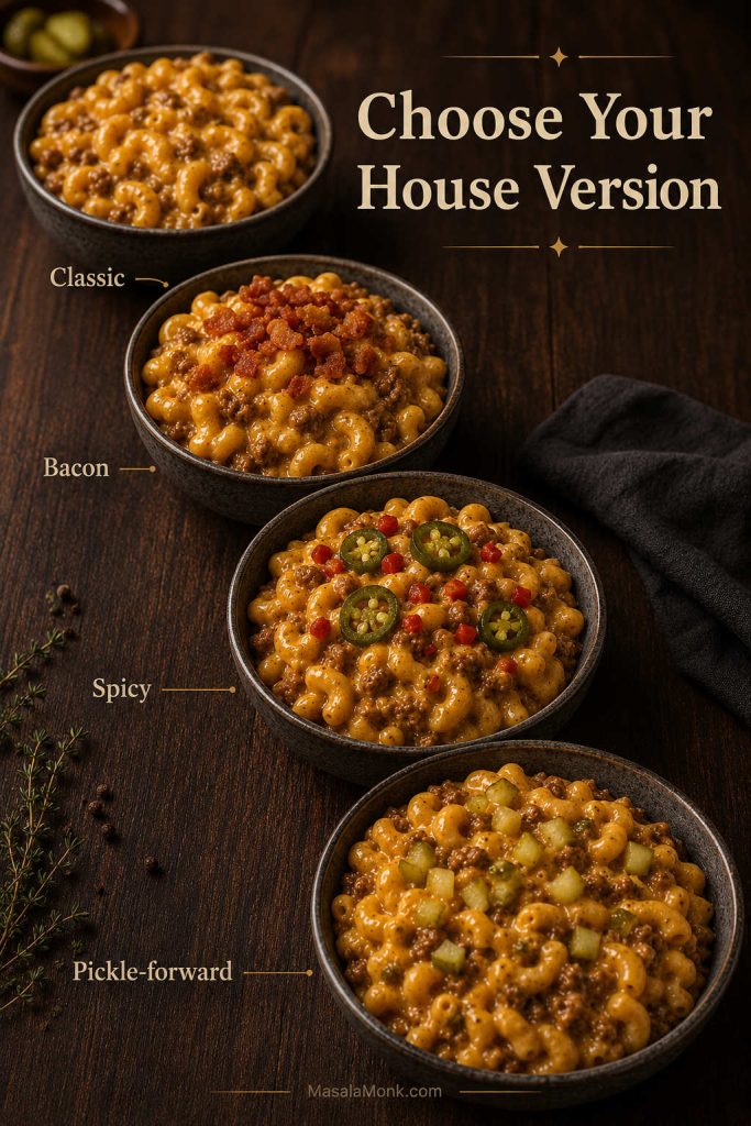 Four bowls of cheeseburger macaroni variations labeled classic, bacon, spicy, and pickle-forward.