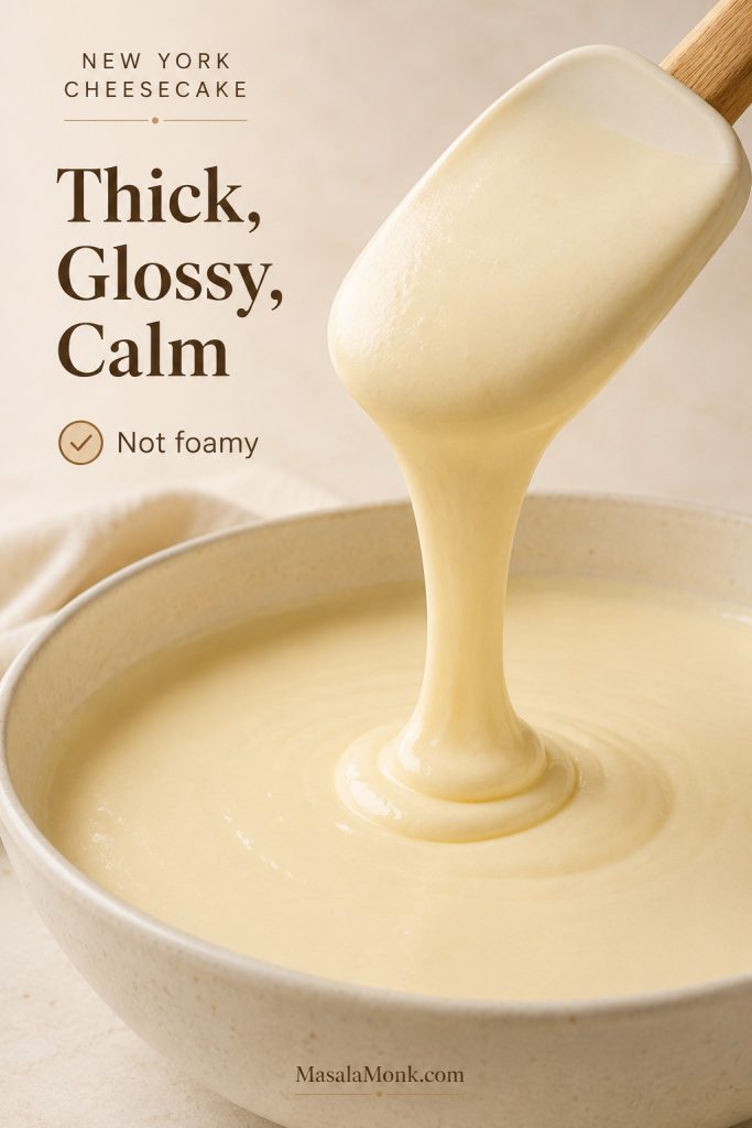 Thick glossy cheesecake batter falling from a spatula into a bowl after eggs have been mixed in.