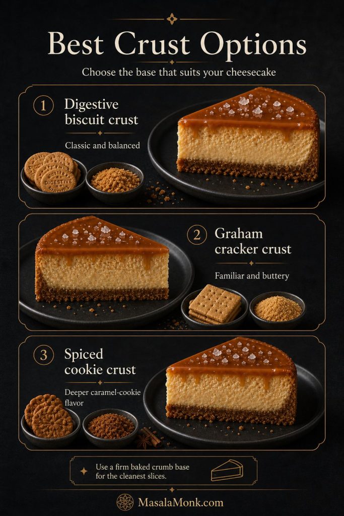 Crust options guide comparing digestive biscuit crust, graham cracker crust, and spiced cookie crust for salted caramel cheesecake.