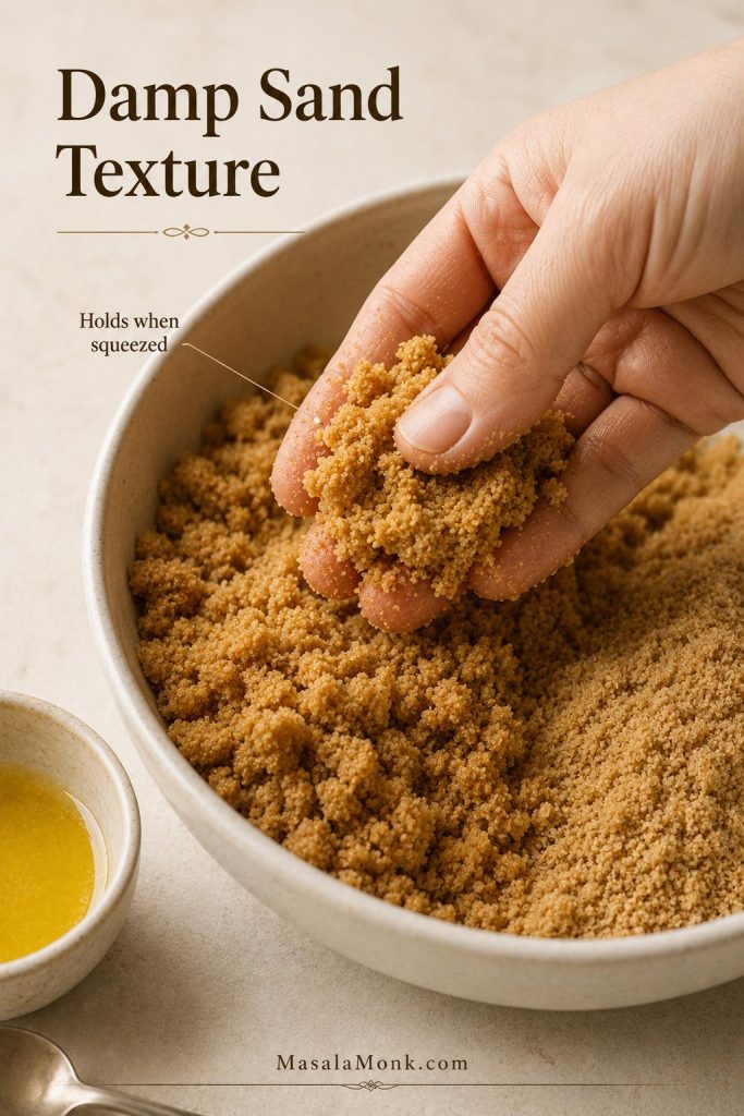 Hand squeezing buttered cheesecake crust crumbs to show damp sand texture before pressing into the pan.