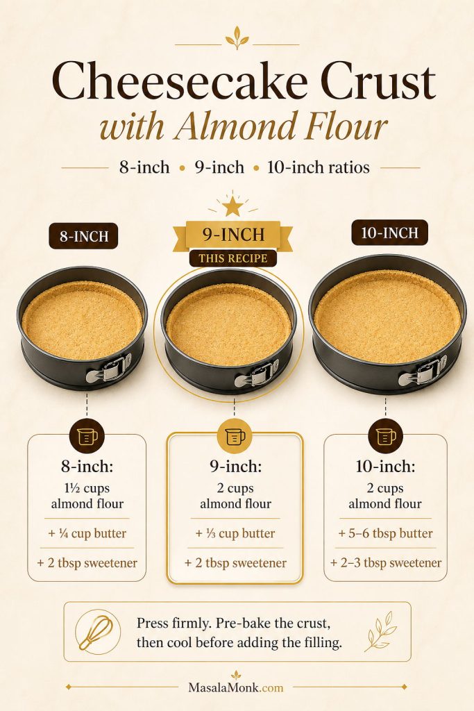 Almond flour cheesecake crust ratio guide for 8-inch, 9-inch, and 10-inch pans with butter and sweetener amounts.