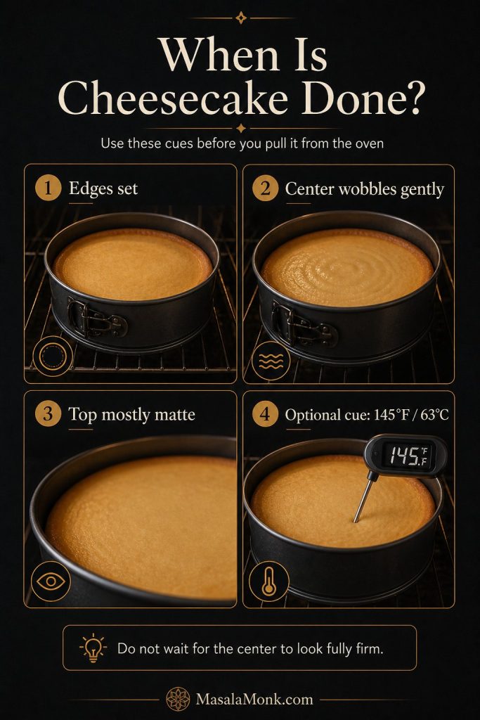 Cheesecake doneness guide showing set edges, gently wobbling center, mostly matte top, and optional 145 degrees Fahrenheit or 63 degrees Celsius internal temperature cue.