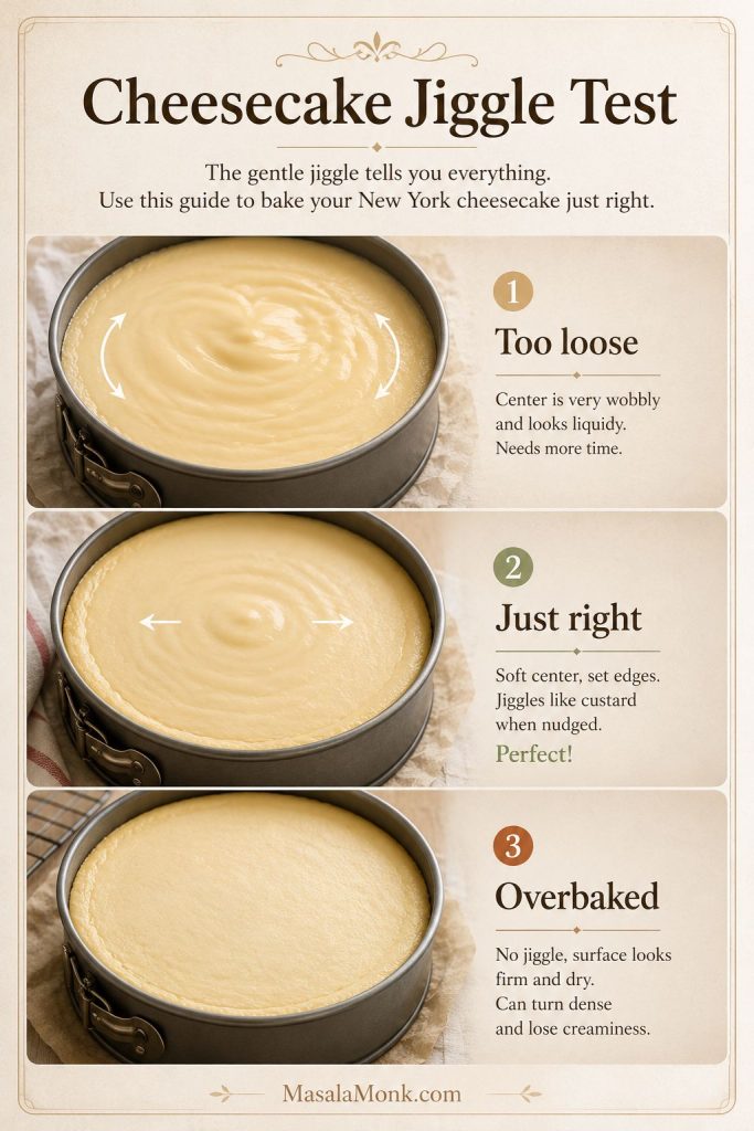 Cheesecake jiggle test comparing too loose, just right, and overbaked centers in springform pans.