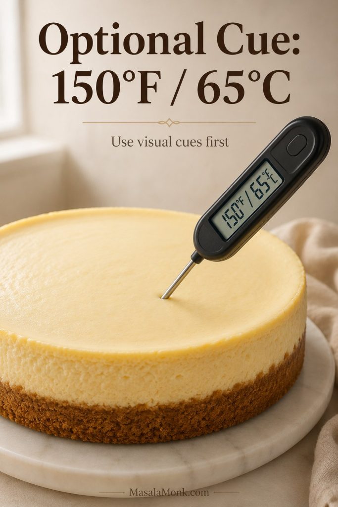 Instant-read thermometer inserted into a cheesecake showing an optional 150°F or 65°C doneness cue.