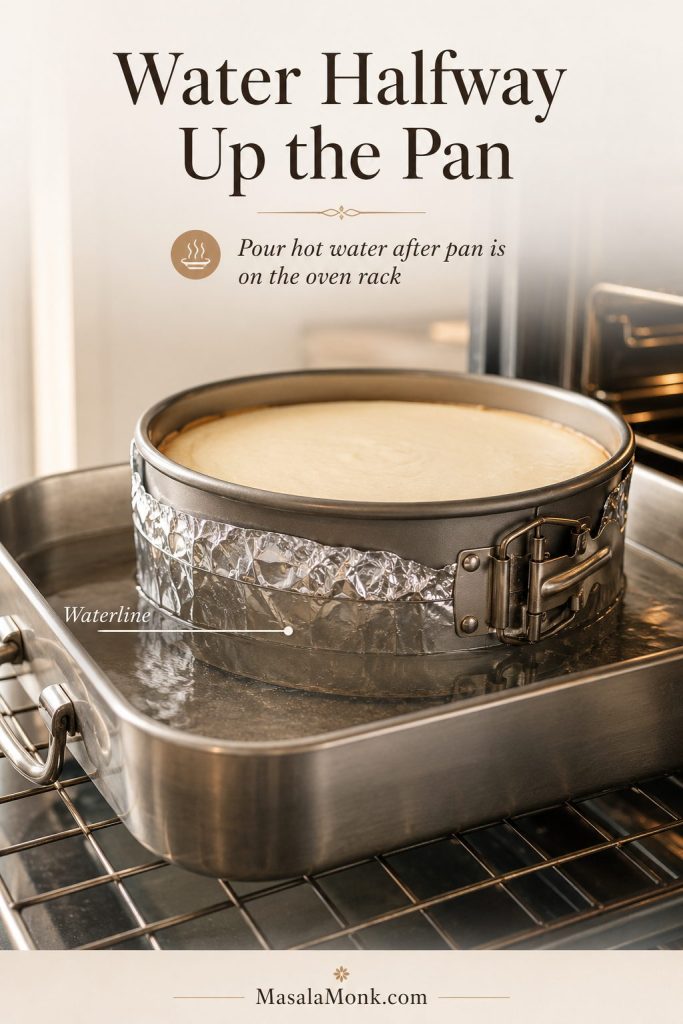 Wrapped springform pan in a roasting pan with water shown halfway up the side for a cheesecake water bath.