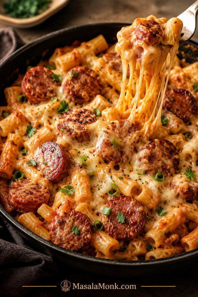 Cheesy kielbasa pasta with melted cheese pull, browned sausage slices, short pasta, tomato sauce, and herbs.