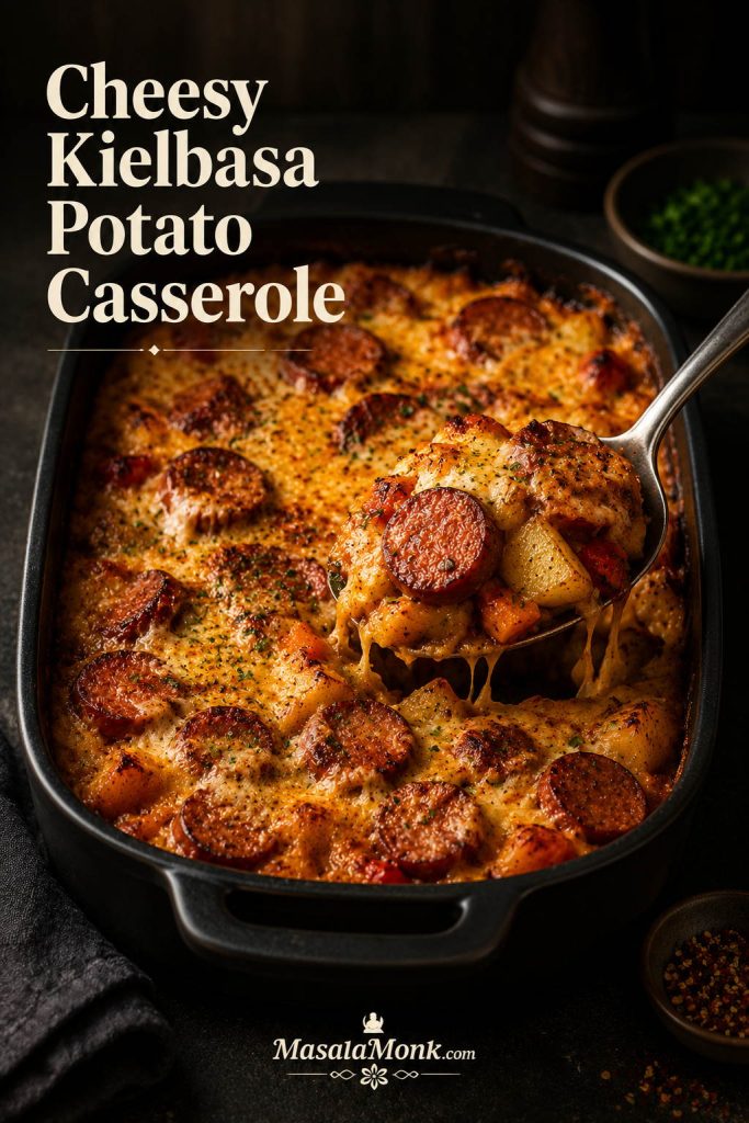 Cheesy kielbasa potato casserole in a baking dish with a spoon lifting sausage and potatoes.