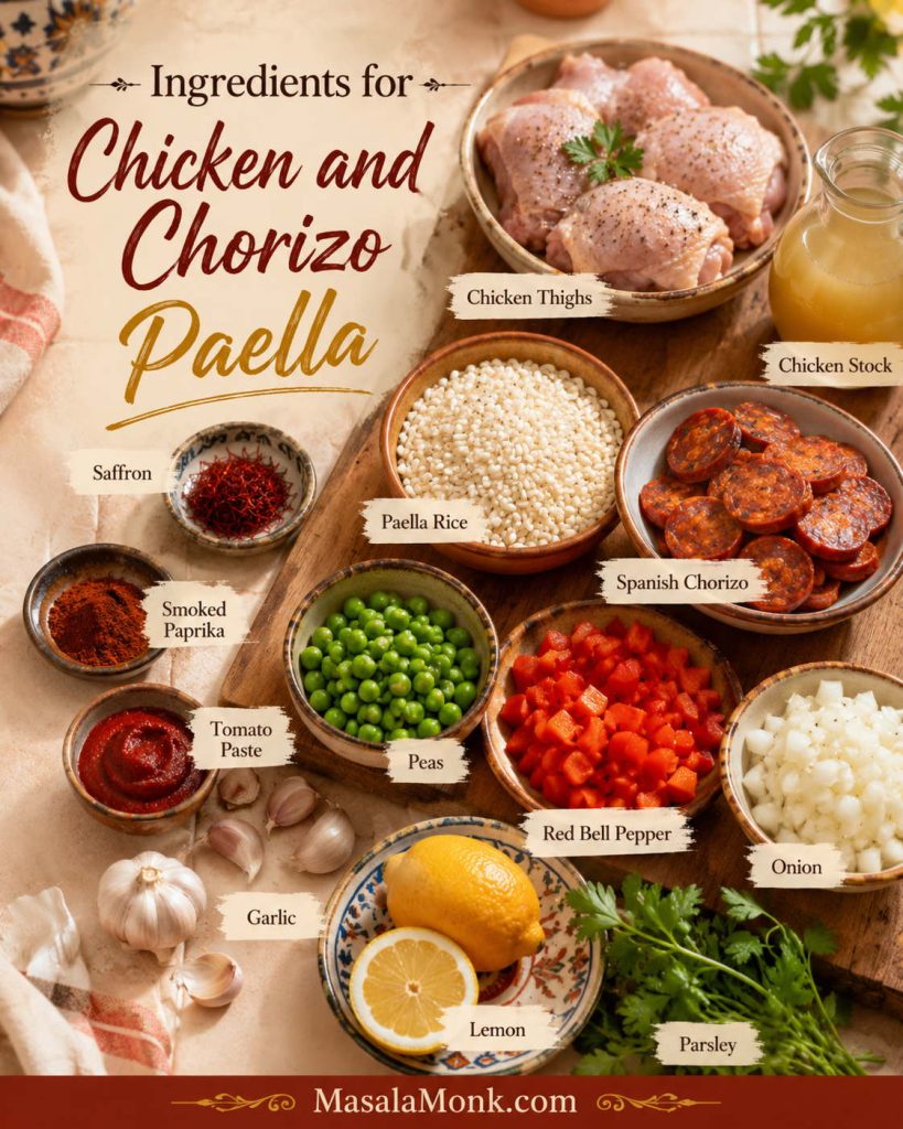 Ingredients for chicken and chorizo paella arranged on a board, including chicken thighs, Spanish chorizo, paella rice, saffron, stock, red pepper, onion, garlic, smoked paprika, peas, lemon and parsley.