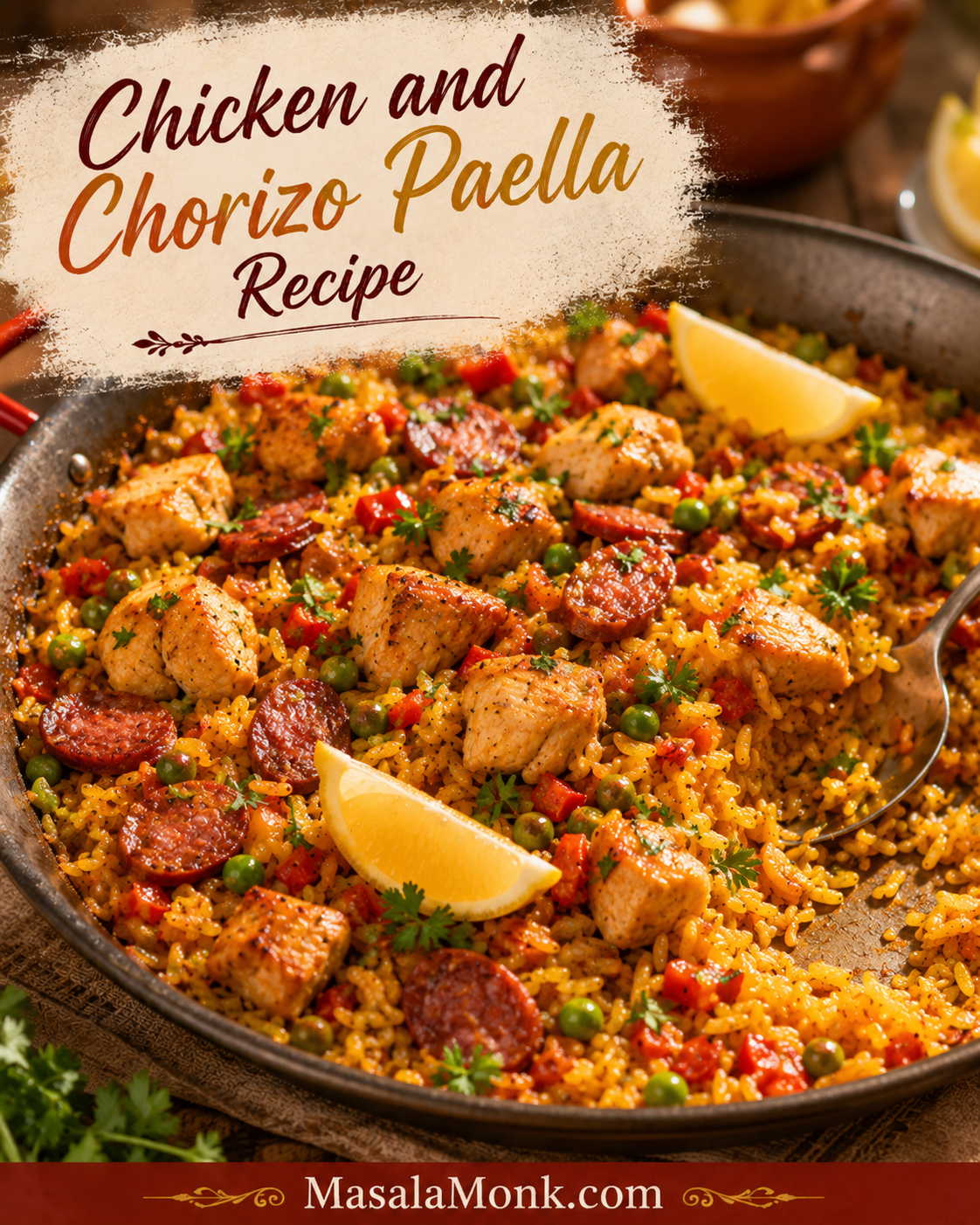 Finished chicken and chorizo paella in a wide shallow pan with golden saffron rice, browned chicken thigh pieces, sliced Spanish chorizo, peas, lemon wedges, parsley and title text.