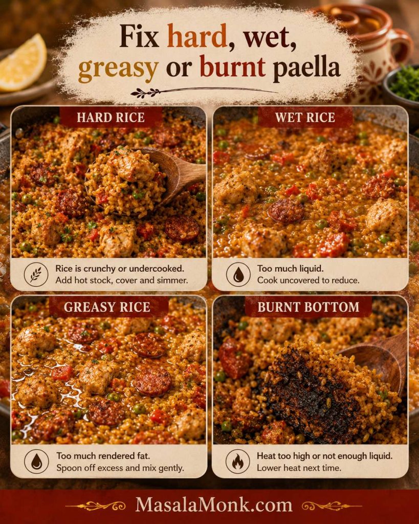Four-panel chicken and chorizo paella troubleshooting guide showing hard rice, wet rice, greasy rice and burnt bottom with brief fixes.