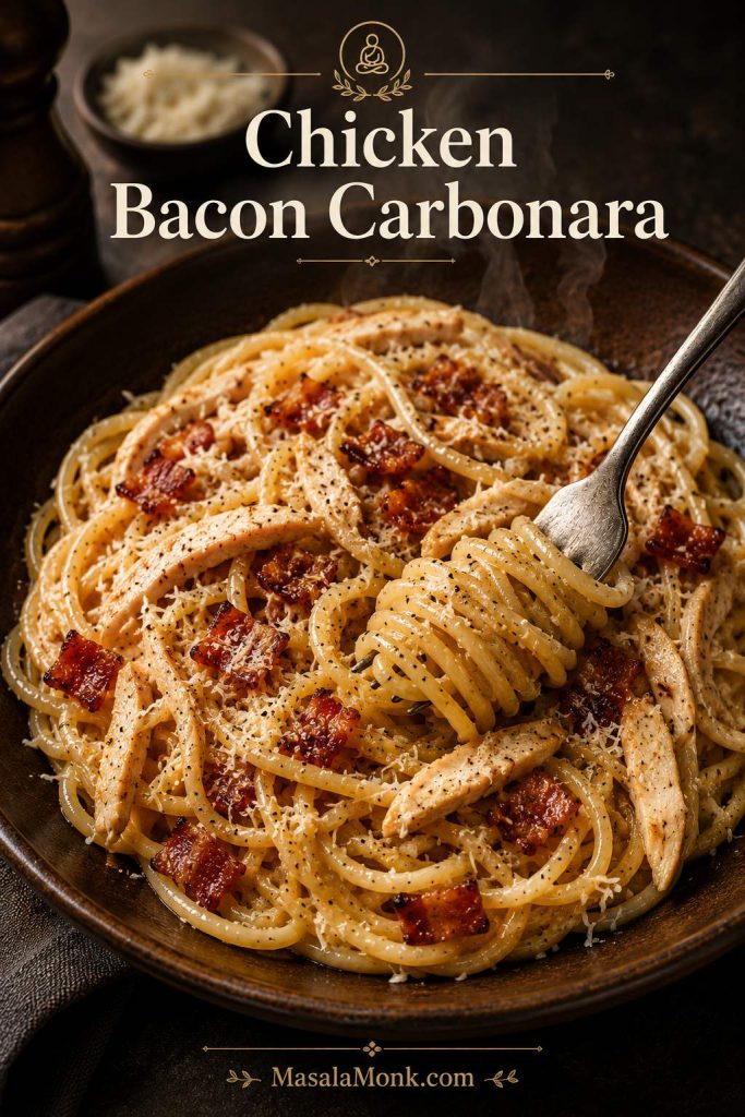 Chicken bacon carbonara with thin sliced chicken, crisp bacon, spaghetti, black pepper, and grated cheese.