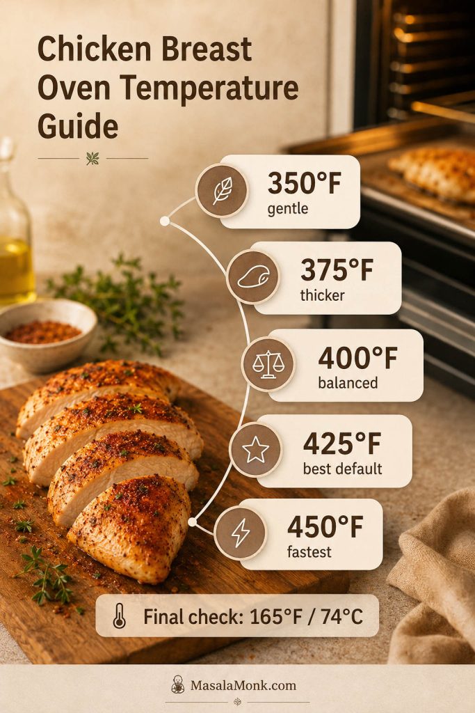 Chicken breast oven temperature guide showing 350°F, 375°F, 400°F, 425°F, and 450°F options.
