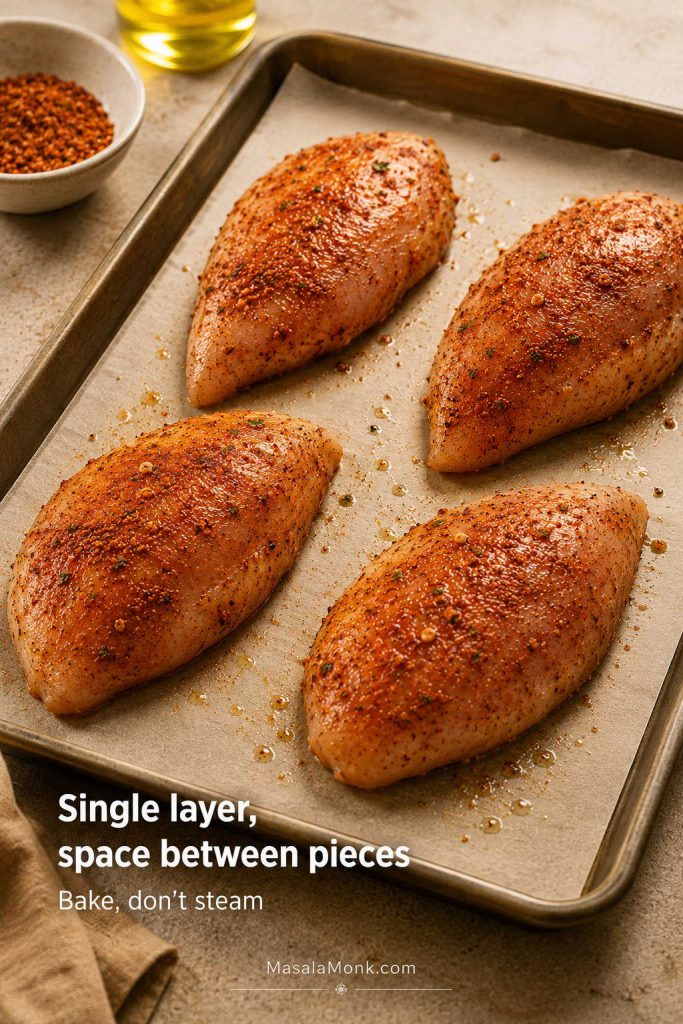 Seasoned chicken breasts spaced apart in a single layer on a parchment-lined sheet pan before baking.
