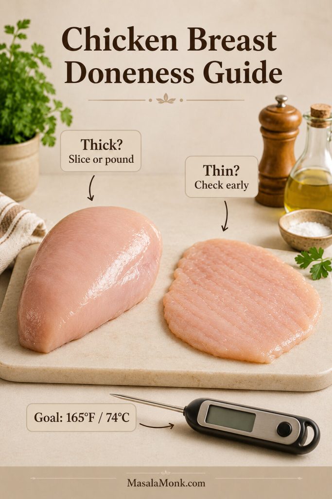 Chicken breast doneness guide with thick chicken breast, thinner chicken pieces, and a 165°F target temperature.